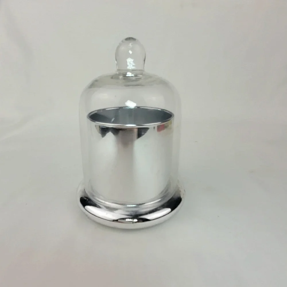Silver Chrome Glass Cloche Candle Holder Clear Dome Pedestal Decor
